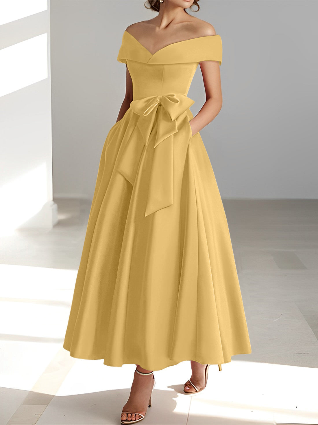 Vestidos de madre de la novia de corte A/princesa, sin mangas, hasta los tobillos, con hombros descubiertos y bolsillos 