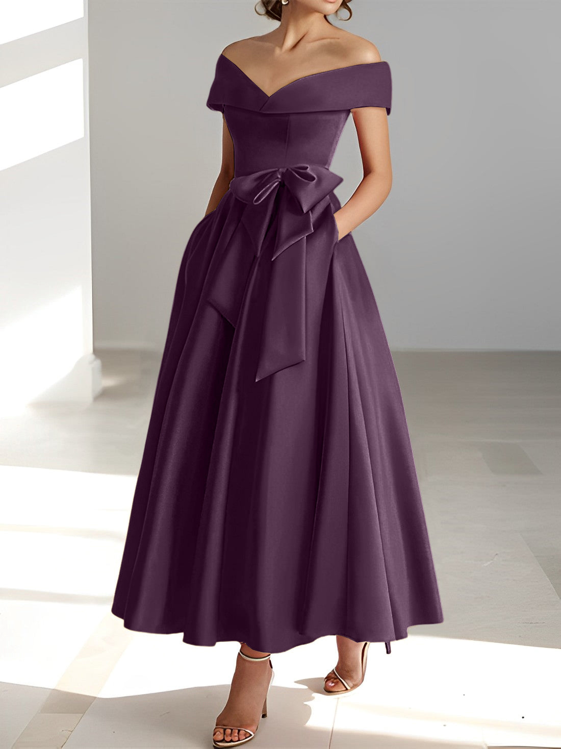 Vestidos de madre de la novia de corte A/princesa, sin mangas, hasta los tobillos, con hombros descubiertos y bolsillos 