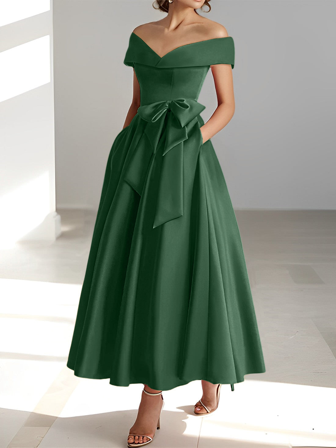 Vestidos de madre de la novia de corte A/princesa, sin mangas, hasta los tobillos, con hombros descubiertos y bolsillos 
