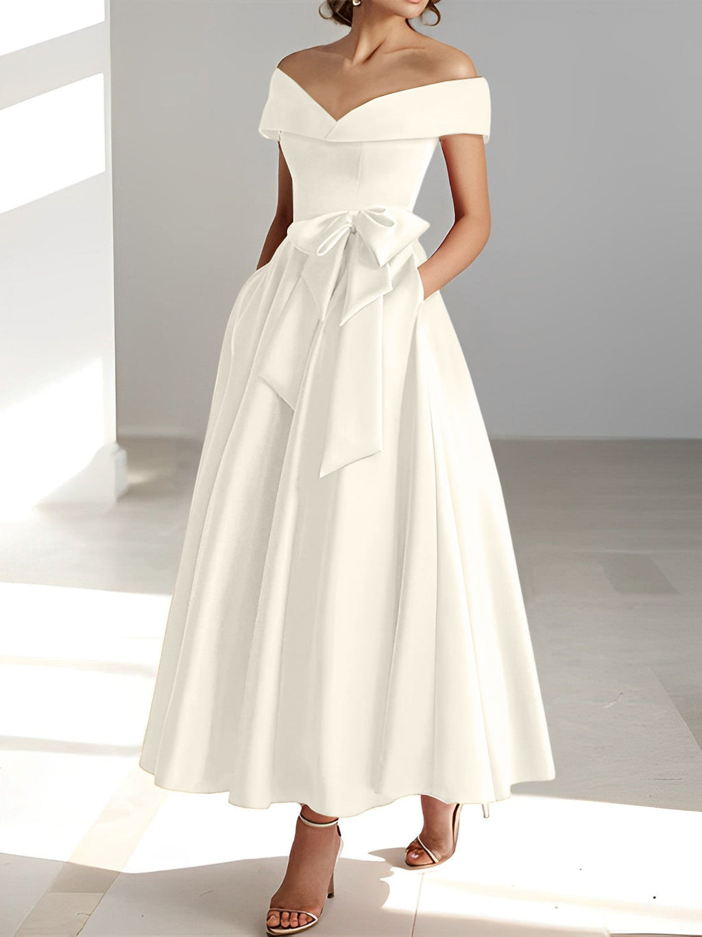 A-Linien-/Prinzessinnen-Kleid, schulterfrei, ärmellos, knöchellang, für die Mutter der Braut mit Taschen 