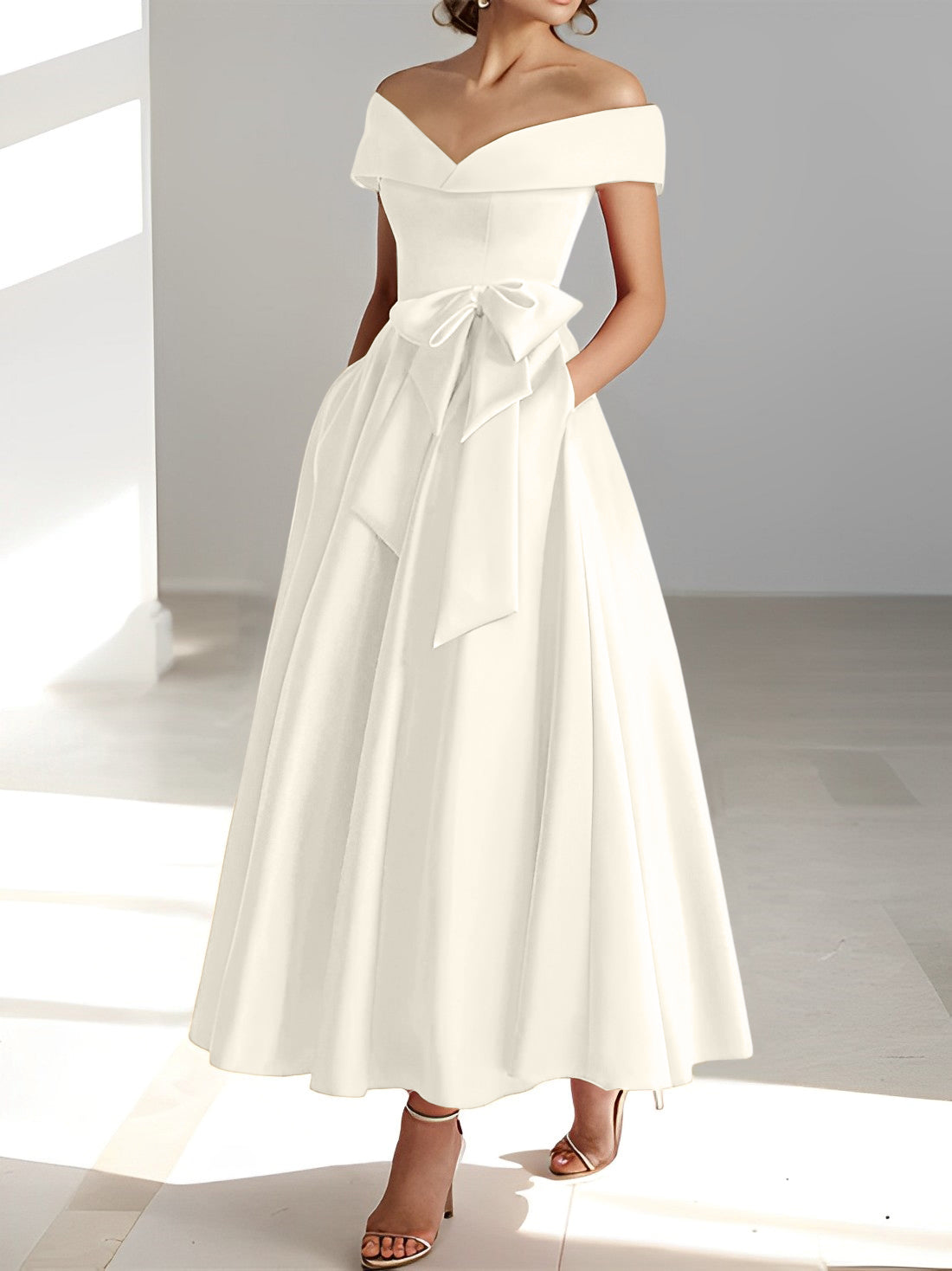 Vestidos de madre de la novia de corte A/princesa, sin mangas, hasta los tobillos, con hombros descubiertos y bolsillos 