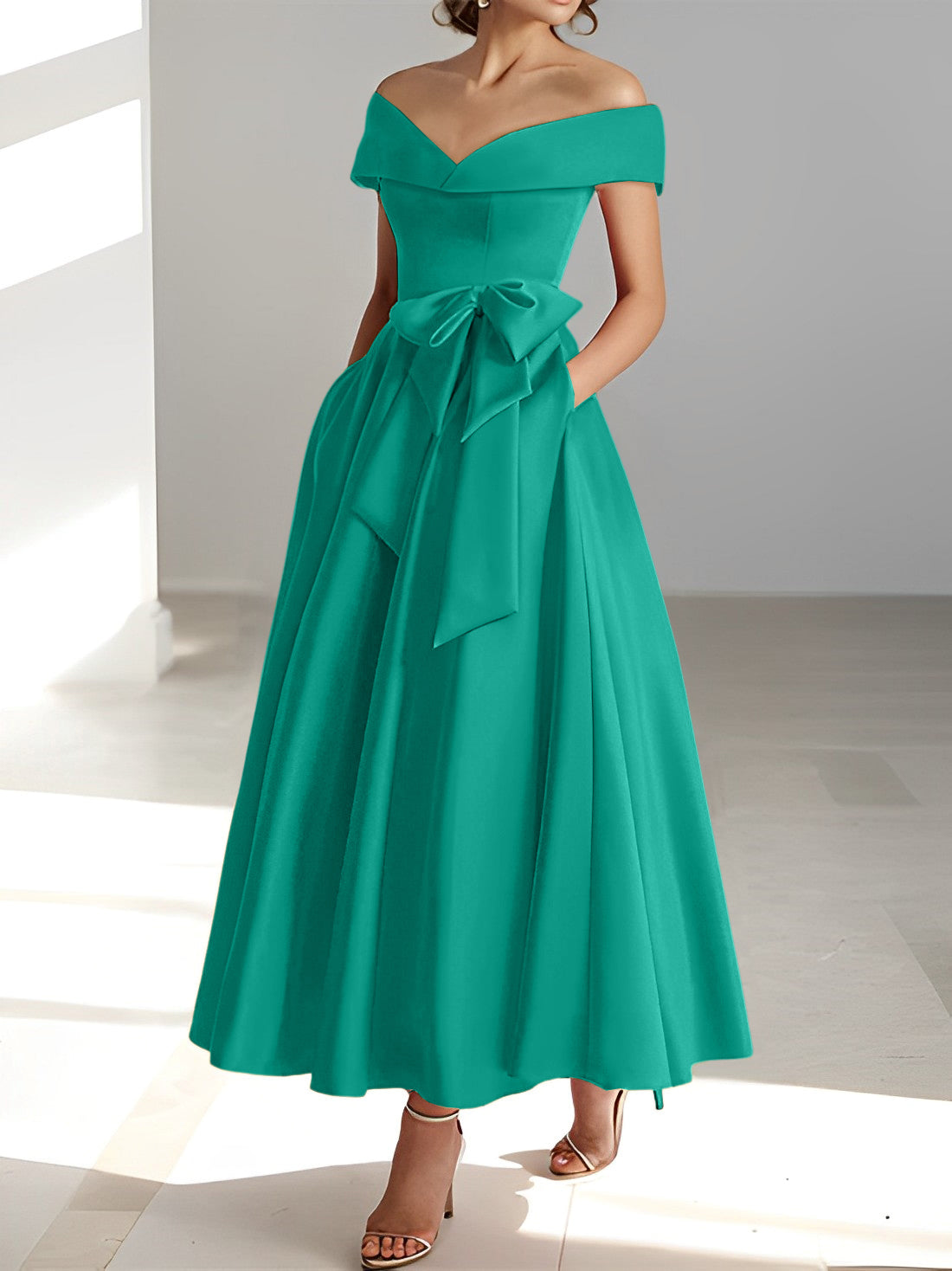 Vestidos de madre de la novia de corte A/princesa, sin mangas, hasta los tobillos, con hombros descubiertos y bolsillos 