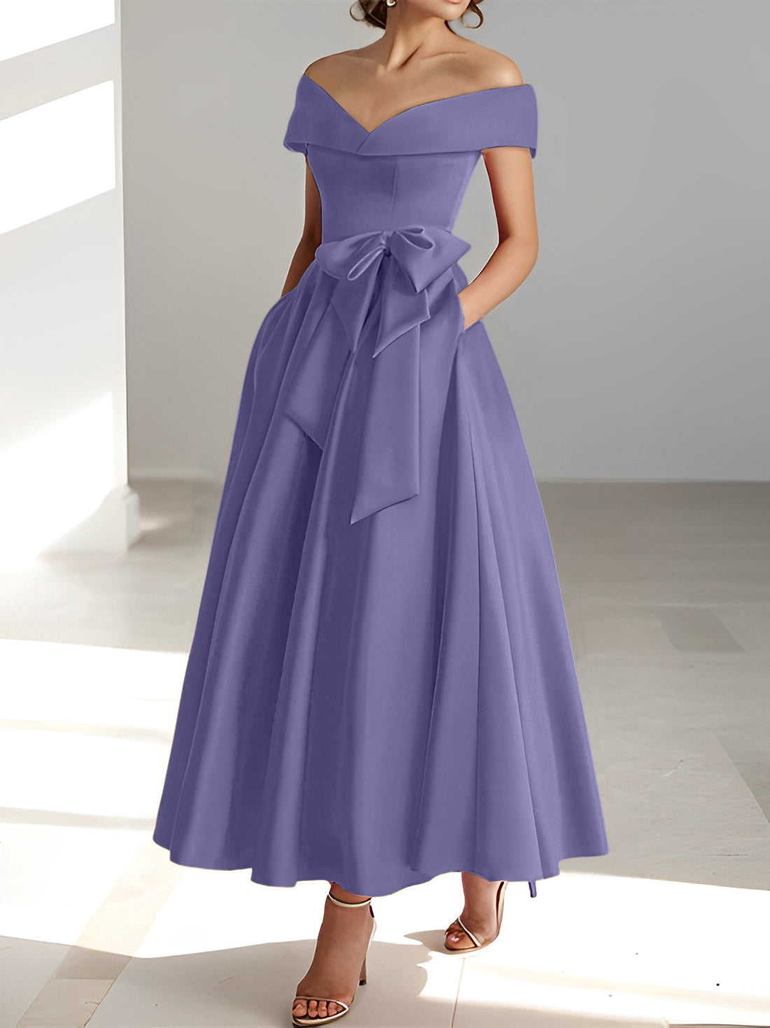 Vestidos de madre de la novia de corte A/princesa, sin mangas, hasta los tobillos, con hombros descubiertos y bolsillos 