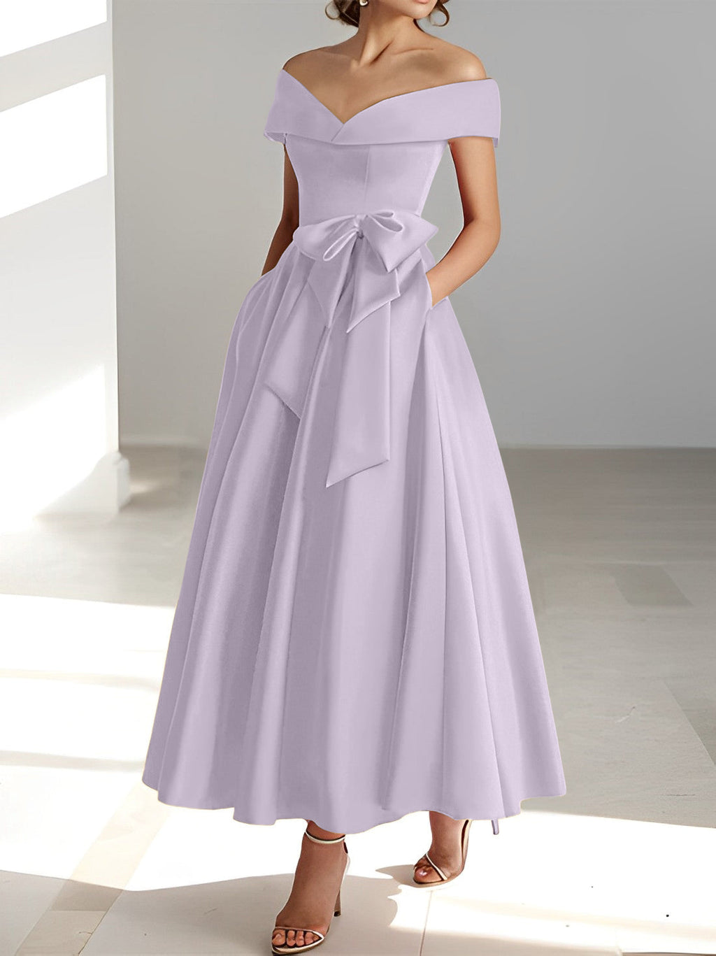 A-Linien-/Prinzessinnen-Kleid, schulterfrei, ärmellos, knöchellang, für die Mutter der Braut mit Taschen 