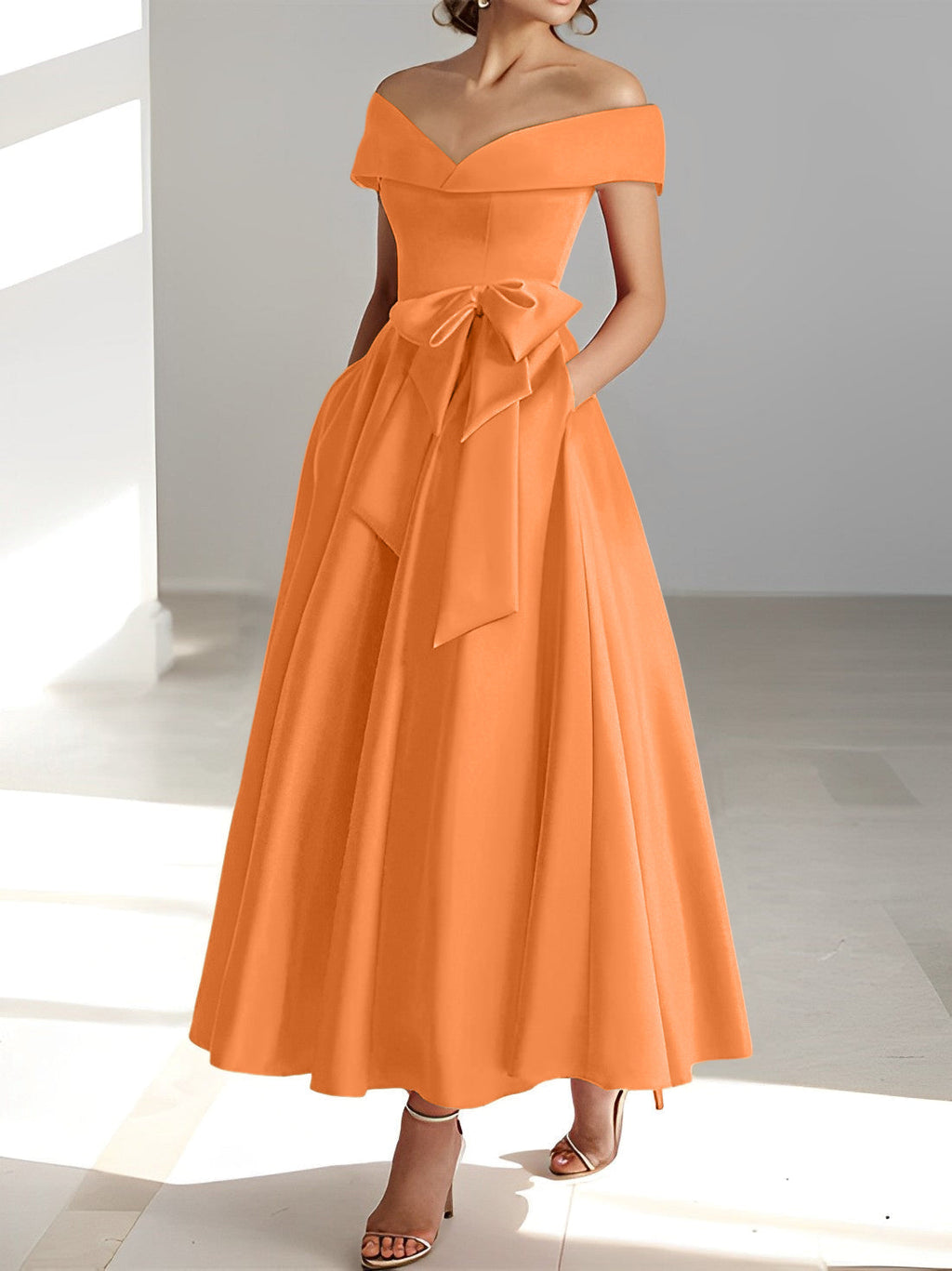 A-Linien-/Prinzessinnen-Kleid, schulterfrei, ärmellos, knöchellang, für die Mutter der Braut mit Taschen 