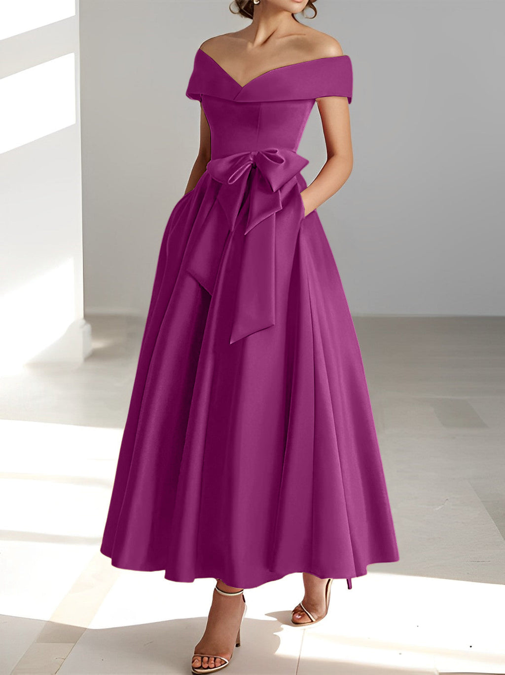 A-Linien-/Prinzessinnen-Kleid, schulterfrei, ärmellos, knöchellang, für die Mutter der Braut mit Taschen 