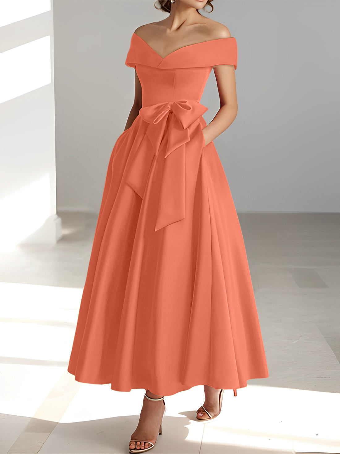 Vestidos de madre de la novia de corte A/princesa, sin mangas, hasta los tobillos, con hombros descubiertos y bolsillos 