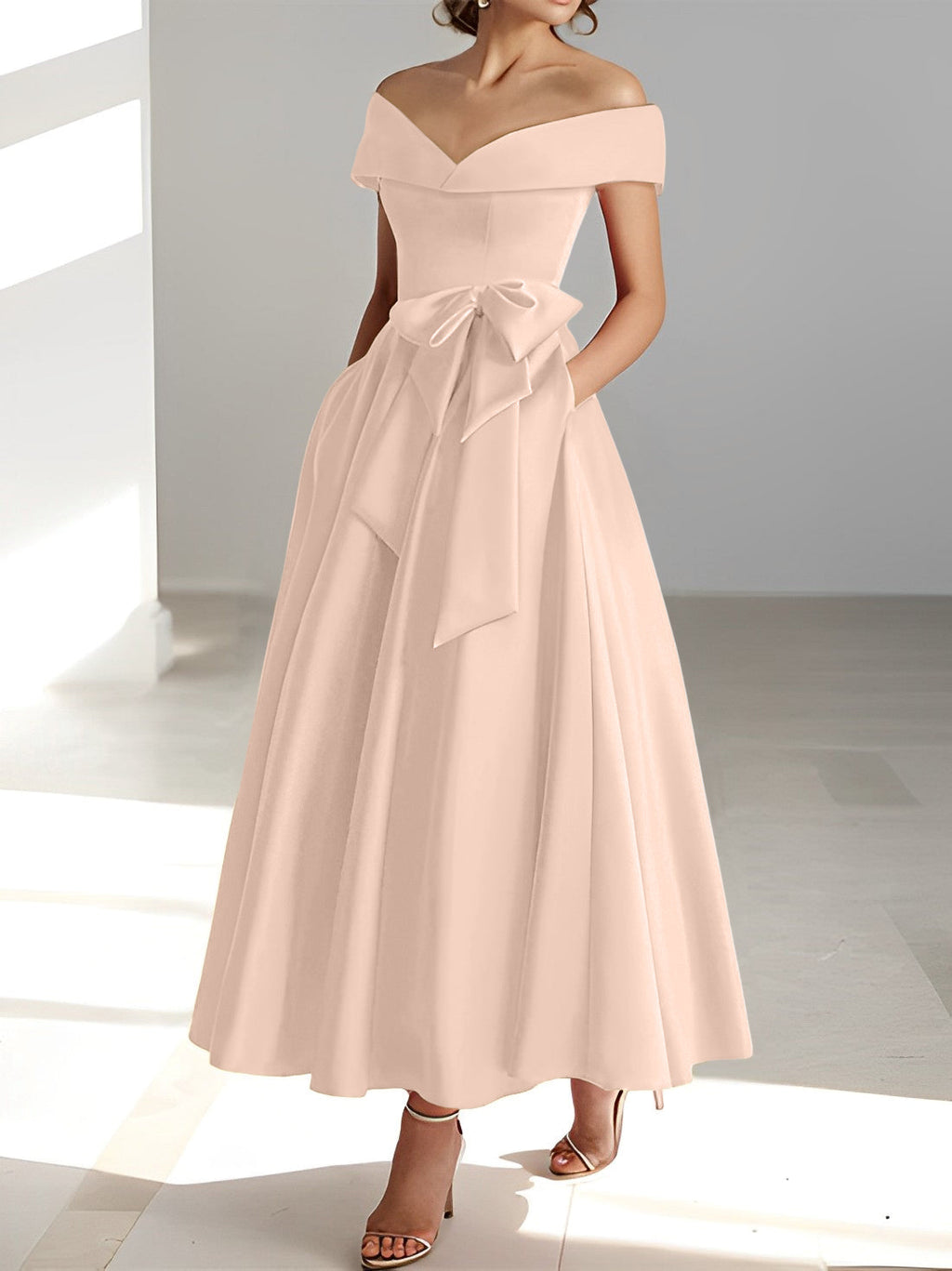 A-Linien-/Prinzessinnen-Kleid, schulterfrei, ärmellos, knöchellang, für die Mutter der Braut mit Taschen 
