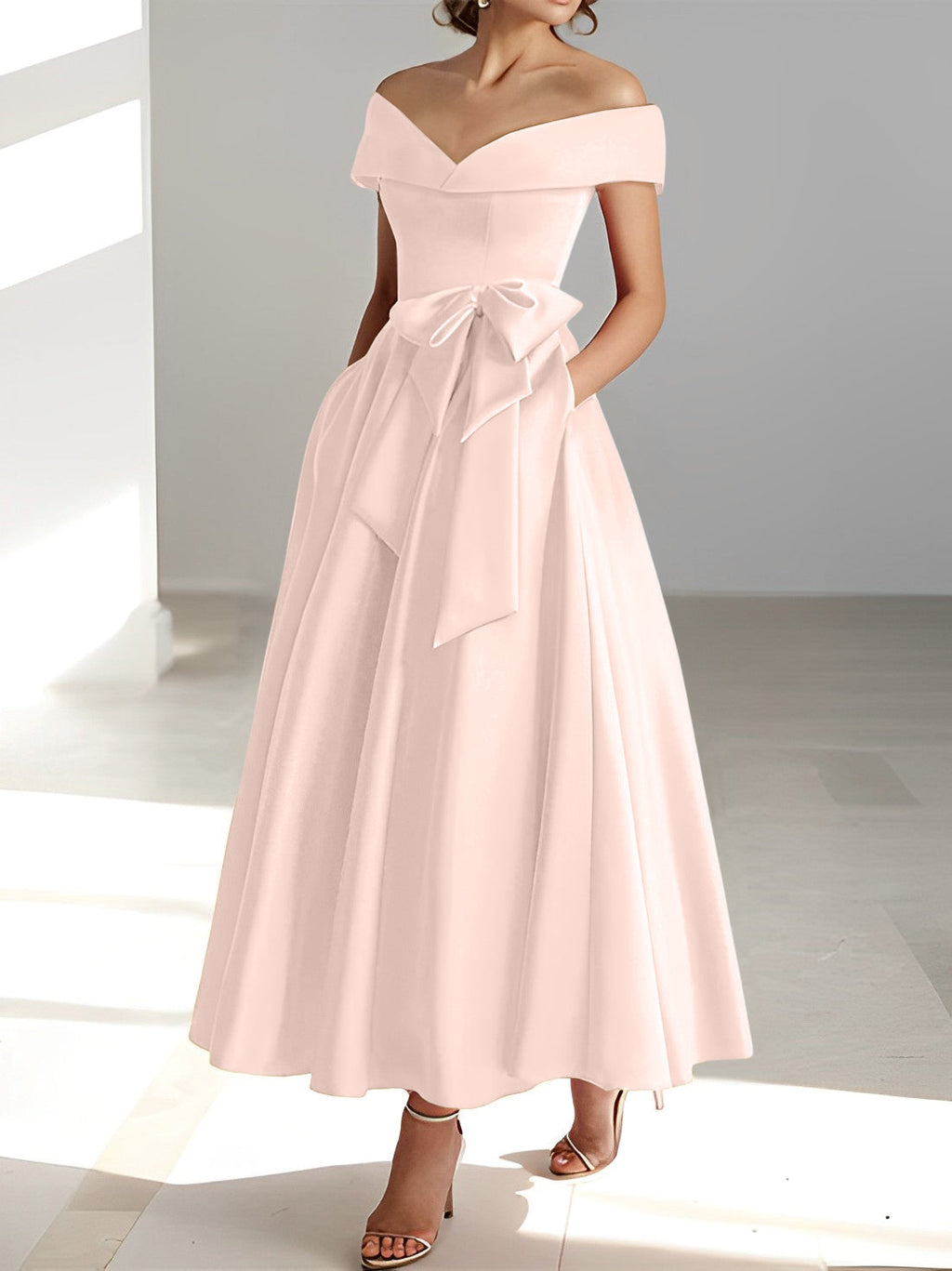 A-Linien-/Prinzessinnen-Kleid, schulterfrei, ärmellos, knöchellang, für die Mutter der Braut mit Taschen 