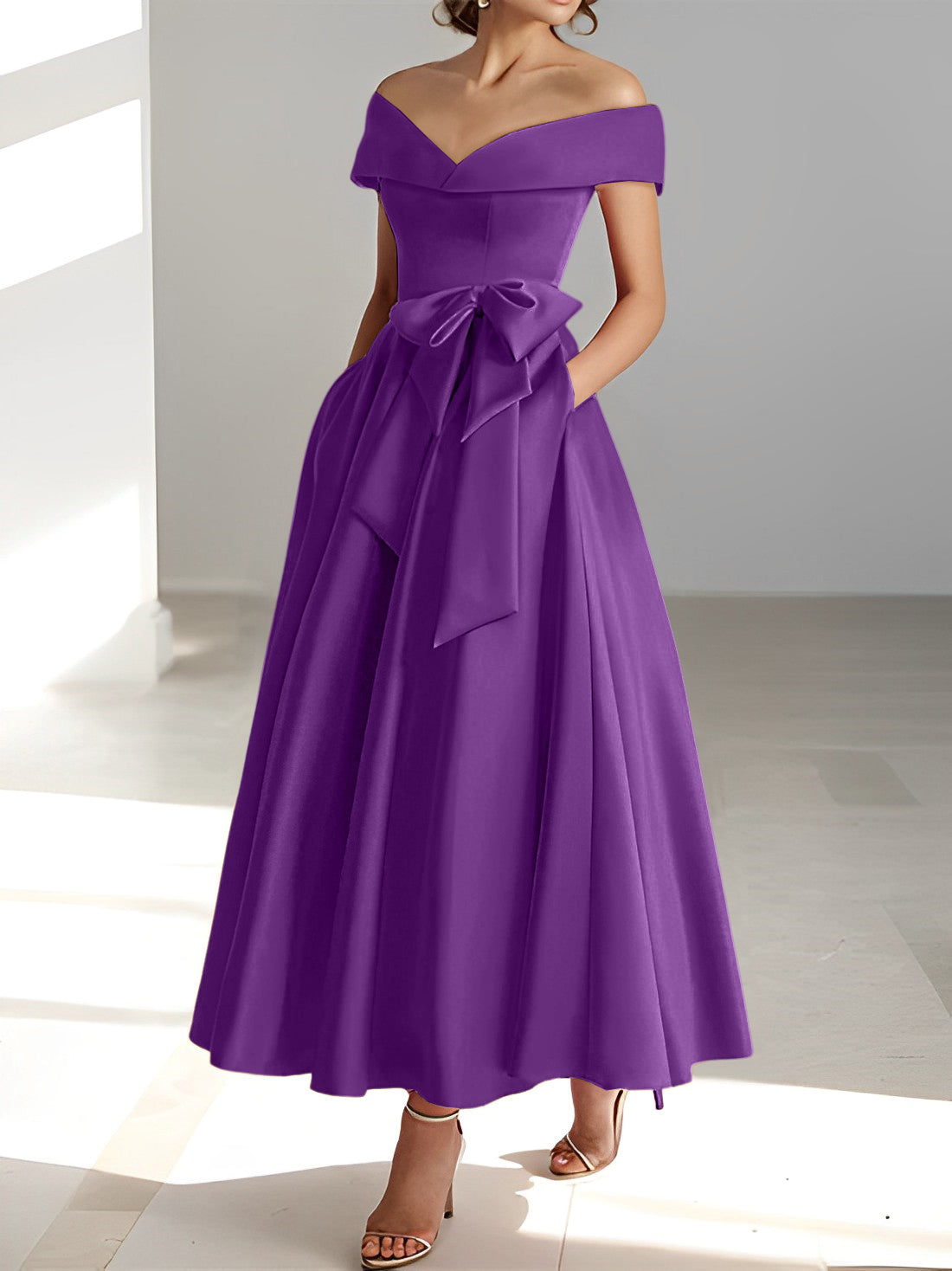 Vestidos de madre de la novia de corte A/princesa, sin mangas, hasta los tobillos, con hombros descubiertos y bolsillos 