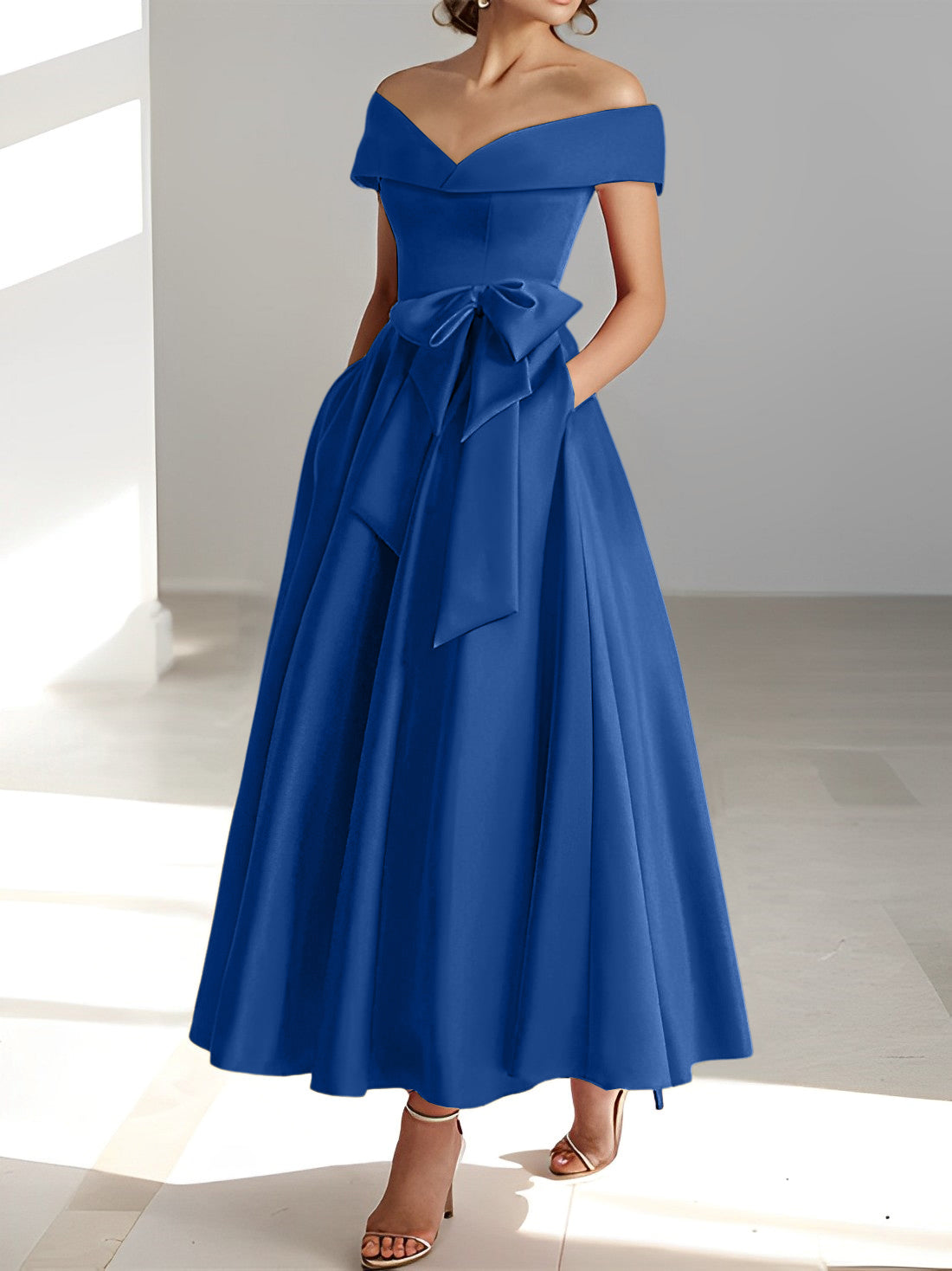 Vestidos de madre de la novia de corte A/princesa, sin mangas, hasta los tobillos, con hombros descubiertos y bolsillos 