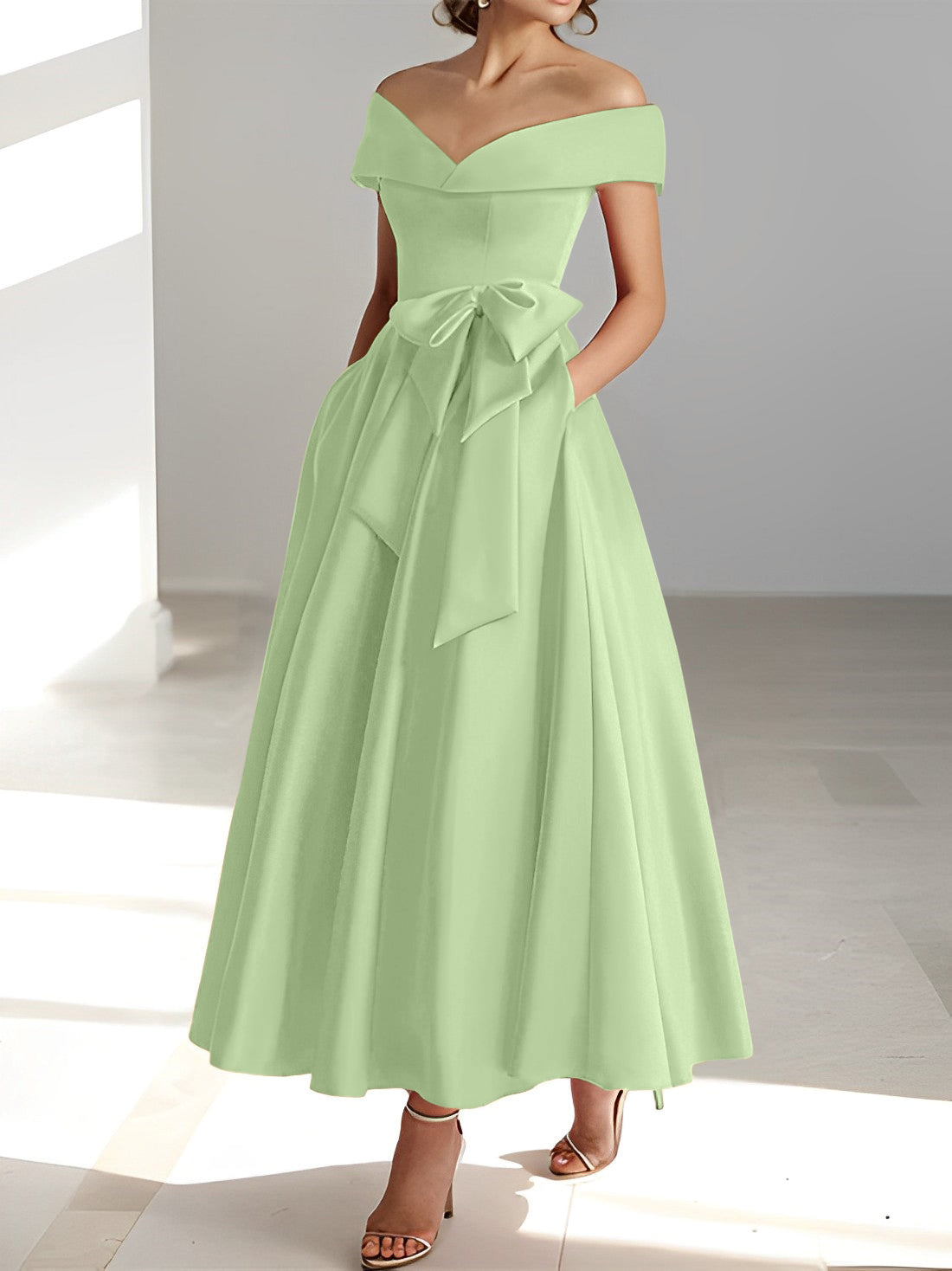 Vestidos de madre de la novia de corte A/princesa, sin mangas, hasta los tobillos, con hombros descubiertos y bolsillos 