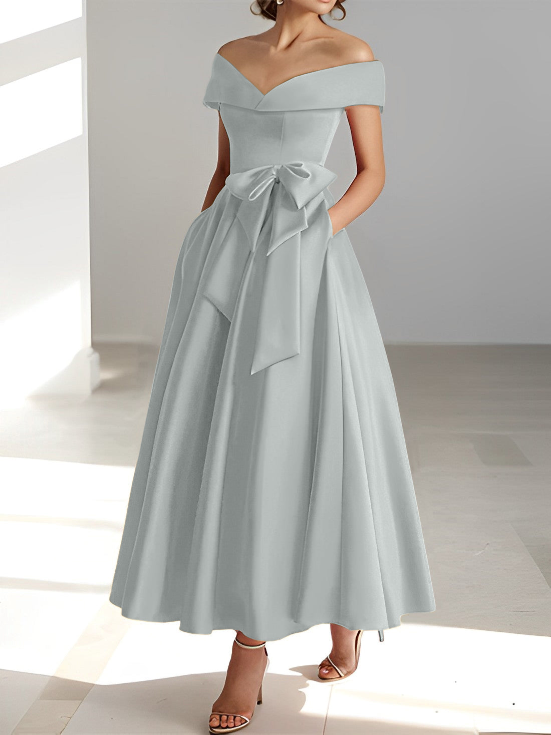 Vestidos de madre de la novia de corte A/princesa, sin mangas, hasta los tobillos, con hombros descubiertos y bolsillos 
