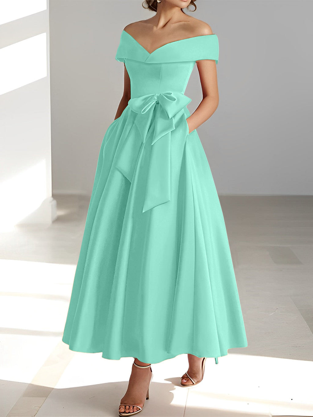 A-Linien-/Prinzessinnen-Kleid, schulterfrei, ärmellos, knöchellang, für die Mutter der Braut mit Taschen 