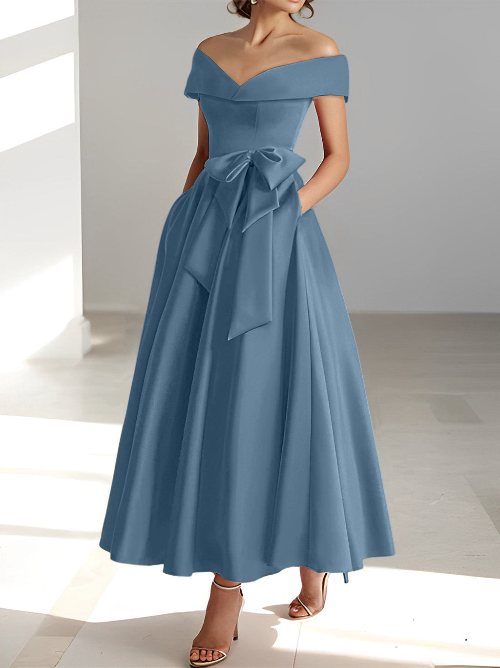 A-Linien-/Prinzessinnen-Kleid, schulterfrei, ärmellos, knöchellang, für die Mutter der Braut mit Taschen 