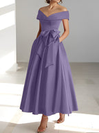 A-Linien-/Prinzessinnen-Kleid, schulterfrei, ärmellos, knöchellang, für die Mutter der Braut mit Taschen 