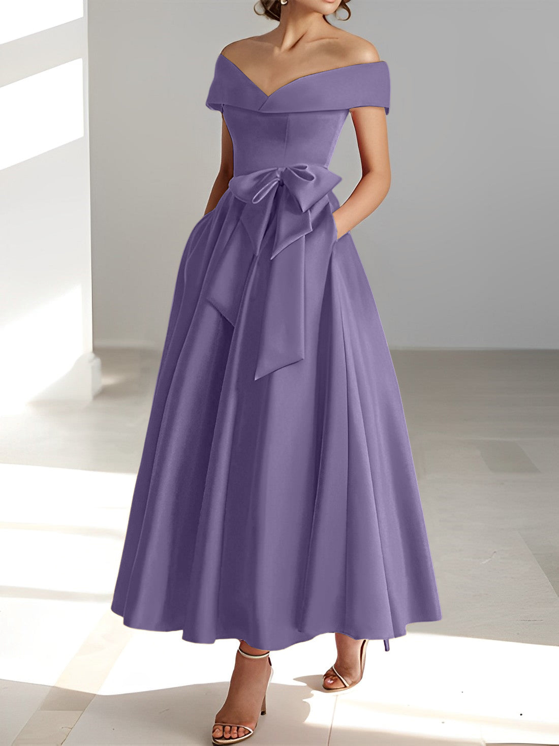 Vestidos de madre de la novia de corte A/princesa, sin mangas, hasta los tobillos, con hombros descubiertos y bolsillos 