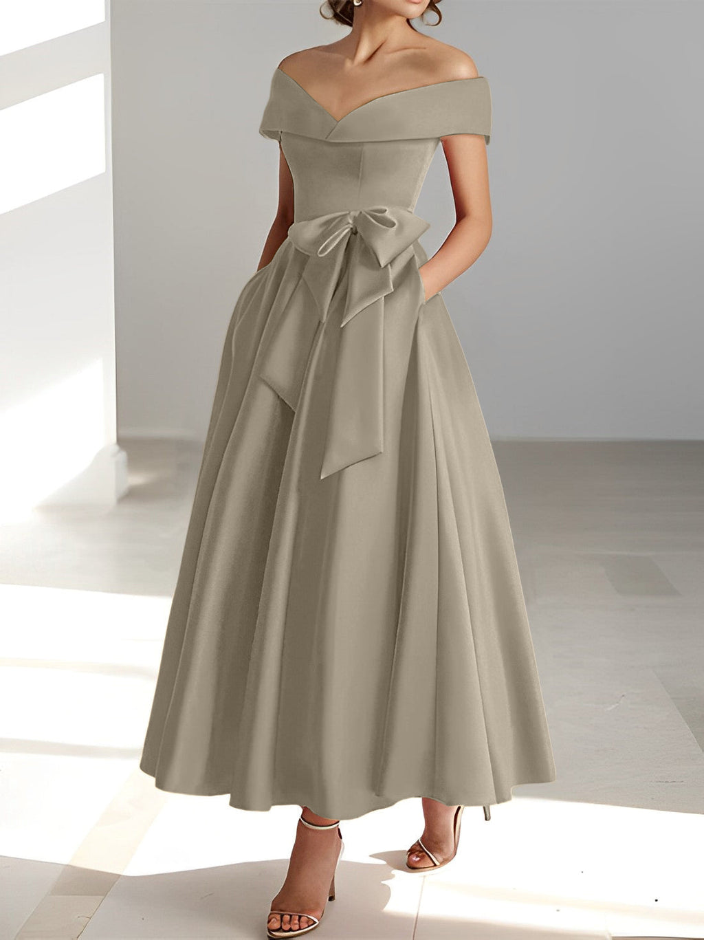 A-Linien-/Prinzessinnen-Kleid, schulterfrei, ärmellos, knöchellang, für die Mutter der Braut mit Taschen 