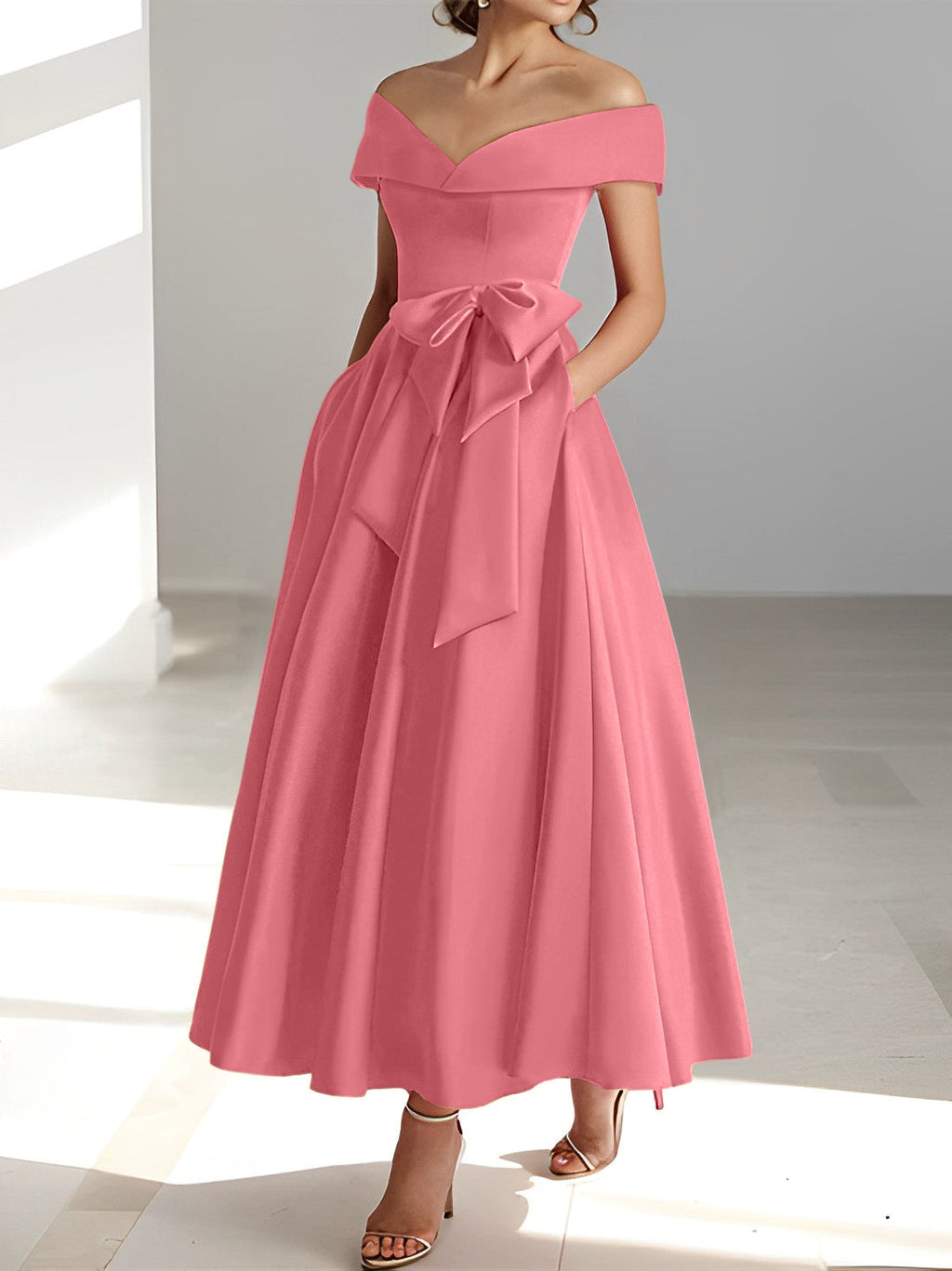 A-Linien-/Prinzessinnen-Kleid, schulterfrei, ärmellos, knöchellang, für die Mutter der Braut mit Taschen 