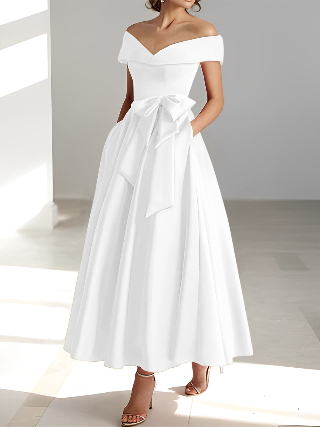 A-Linien-/Prinzessinnen-Kleid, schulterfrei, ärmellos, knöchellang, für die Mutter der Braut mit Taschen 
