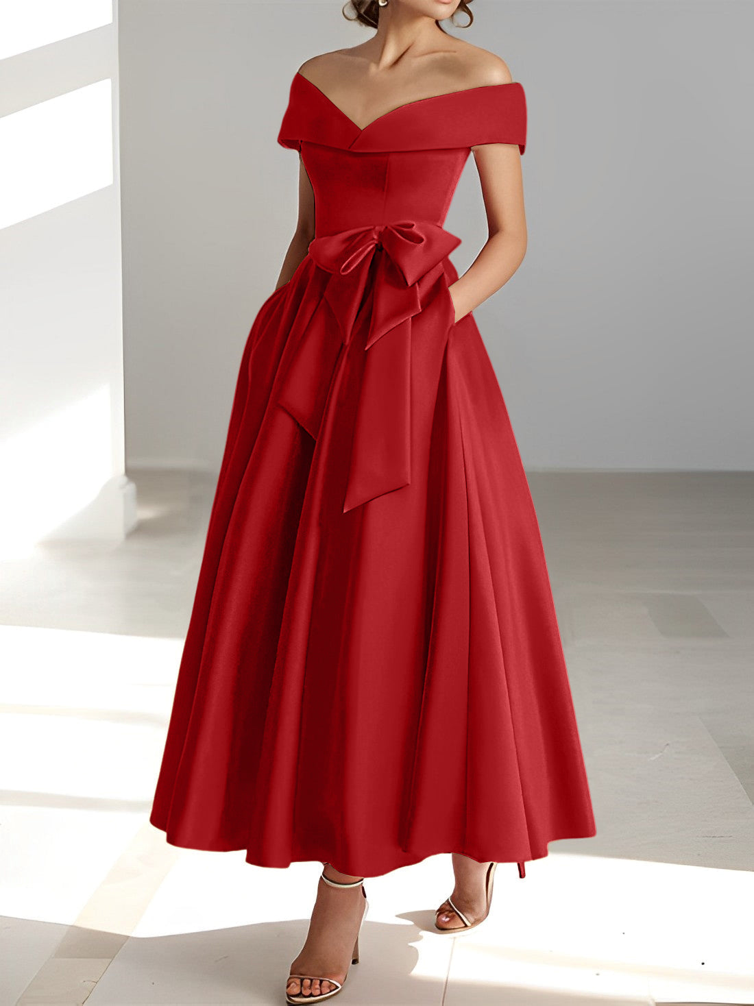 Vestidos de madre de la novia de corte A/princesa, sin mangas, hasta los tobillos, con hombros descubiertos y bolsillos 