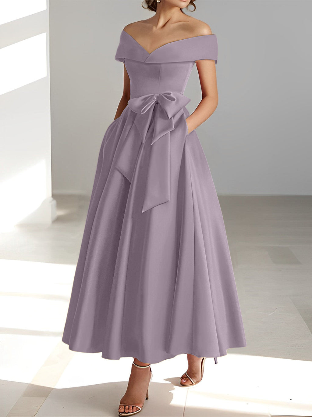 A-Linien-/Prinzessinnen-Kleid, schulterfrei, ärmellos, knöchellang, für die Mutter der Braut mit Taschen 