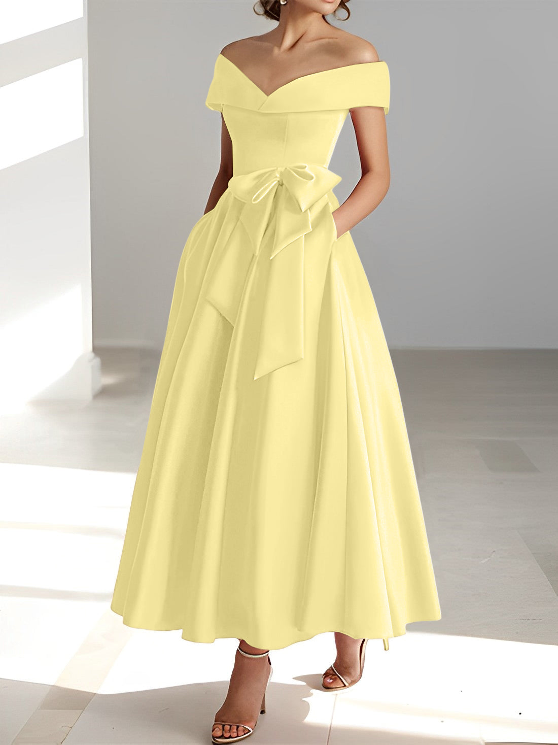 Vestidos de madre de la novia de corte A/princesa, sin mangas, hasta los tobillos, con hombros descubiertos y bolsillos 
