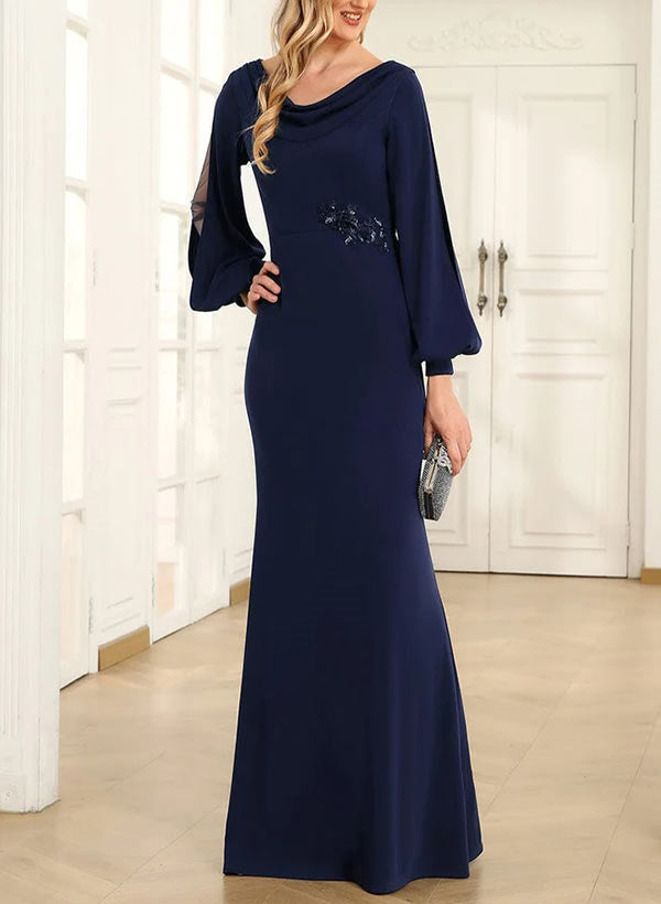 Etui-/Säulenkleid mit Wasserfallausschnitt, langen Ärmeln und bodenlang für die Mutter der Braut 