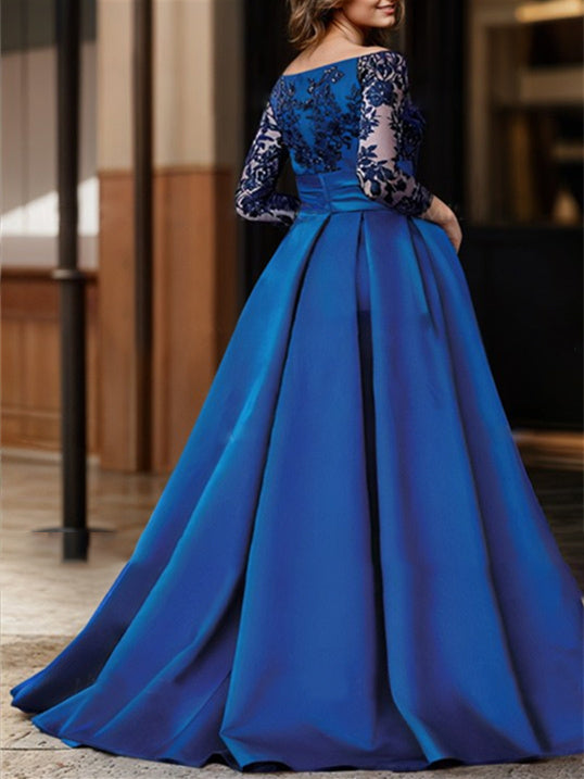 Vestidos para madre de la novia de corte A/princesa, hombros descubiertos, mangas 3/4 y largo hasta el suelo 