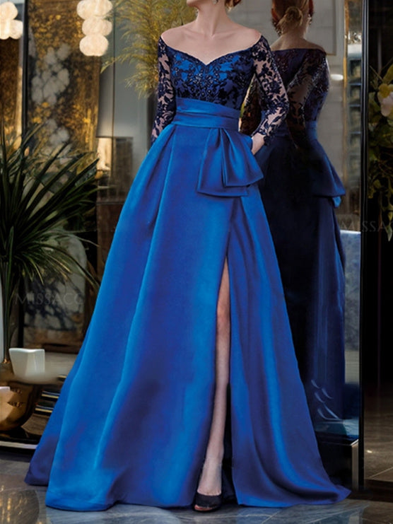 Vestidos para madre de la novia de corte A/princesa, hombros descubiertos, mangas 3/4 y largo hasta el suelo 