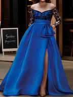 Vestidos para madre de la novia de corte A/princesa, hombros descubiertos, mangas 3/4 y largo hasta el suelo 