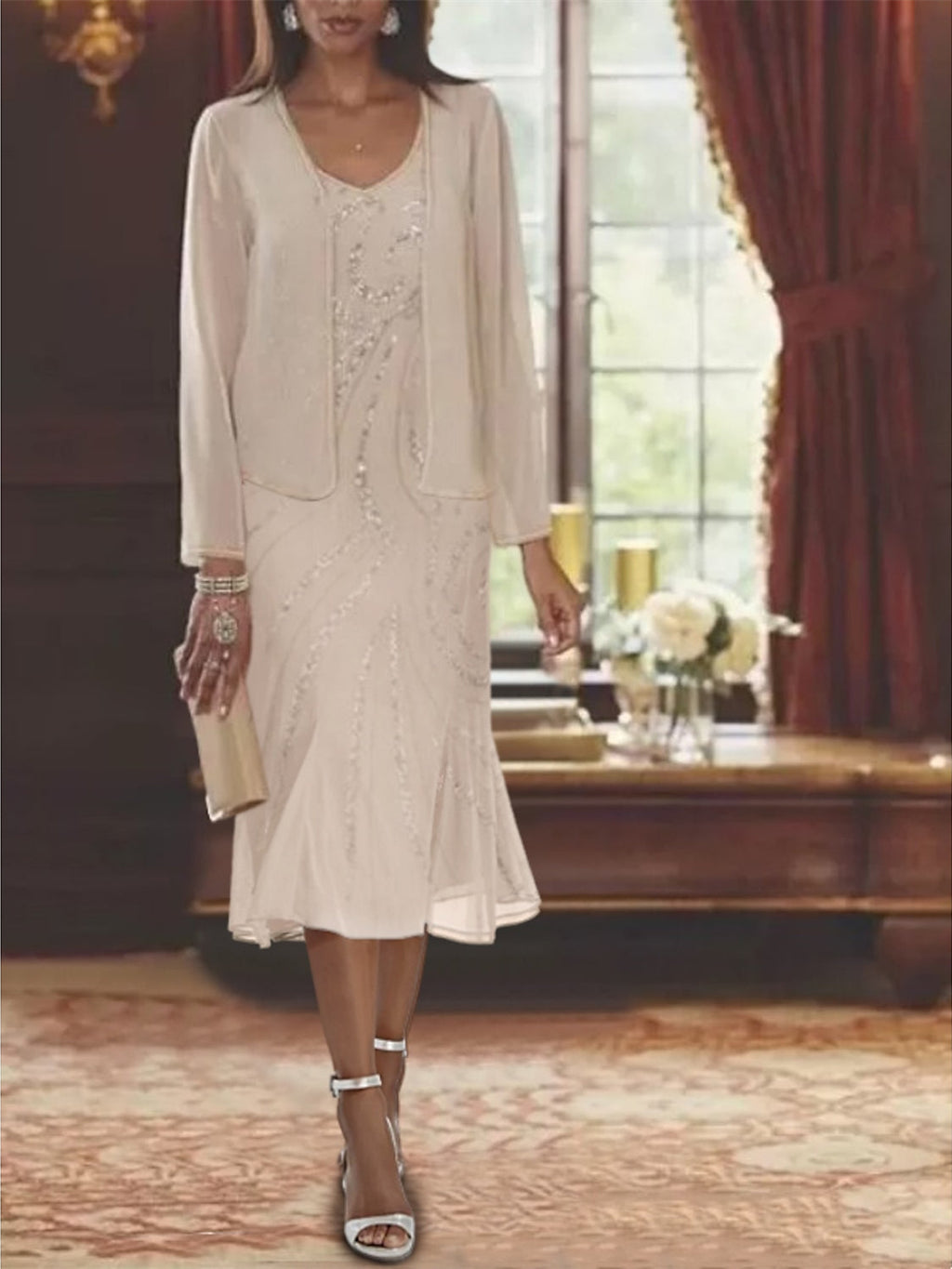 Vestidos de gasa con escote en V para madre de la novia, 2 piezas, con chaqueta y lentejuelas 