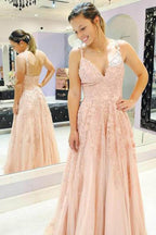 V-neck Sky Blue Lace Prom Dresses Long Rose Red Formal Maxi Dress