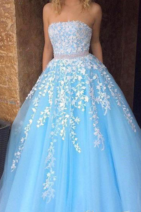 Princess A-line Lace Appliqued Tulle Long Strapless Prom Dresses