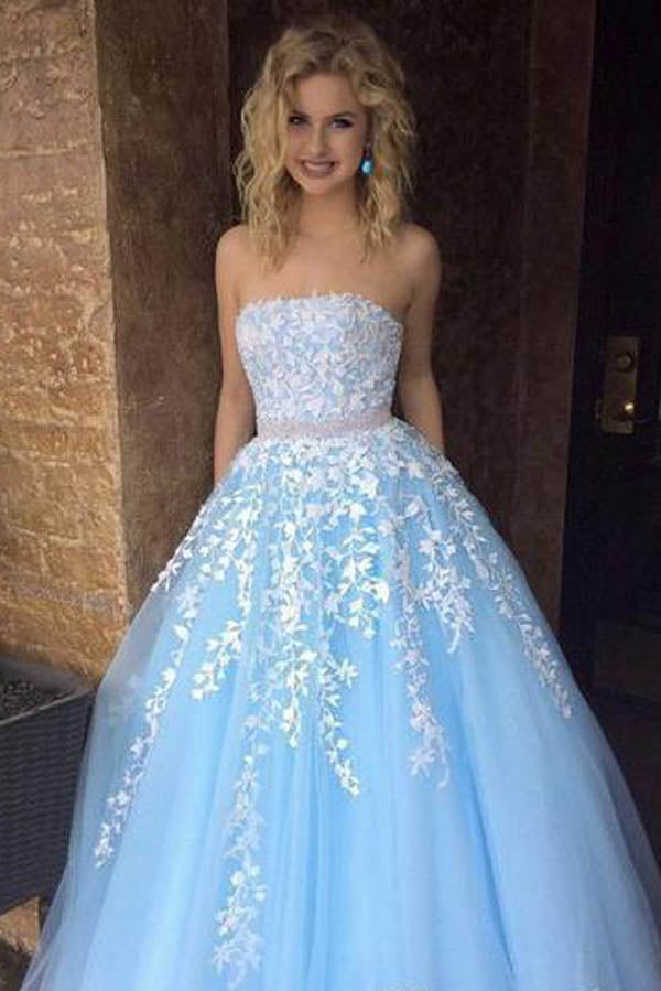 Princess A-line Lace Appliqued Tulle Long Strapless Prom Dresses