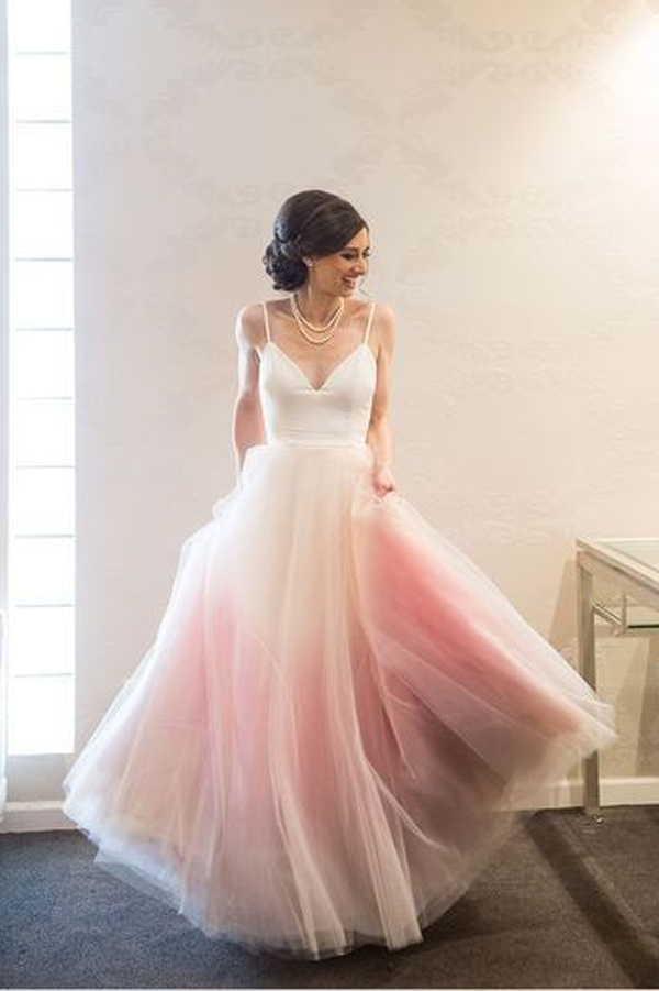 Chic A-line Floor-length Ombre Spaghetti Straps Long Prom Dress