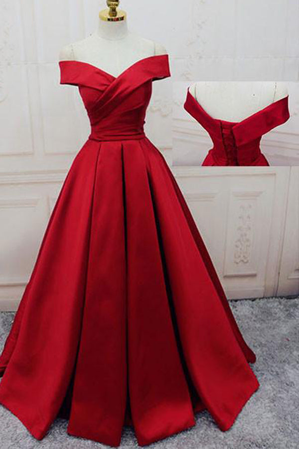 Off-the-shoulder Burgundy Long Satin Prom Dress/Evening Dress