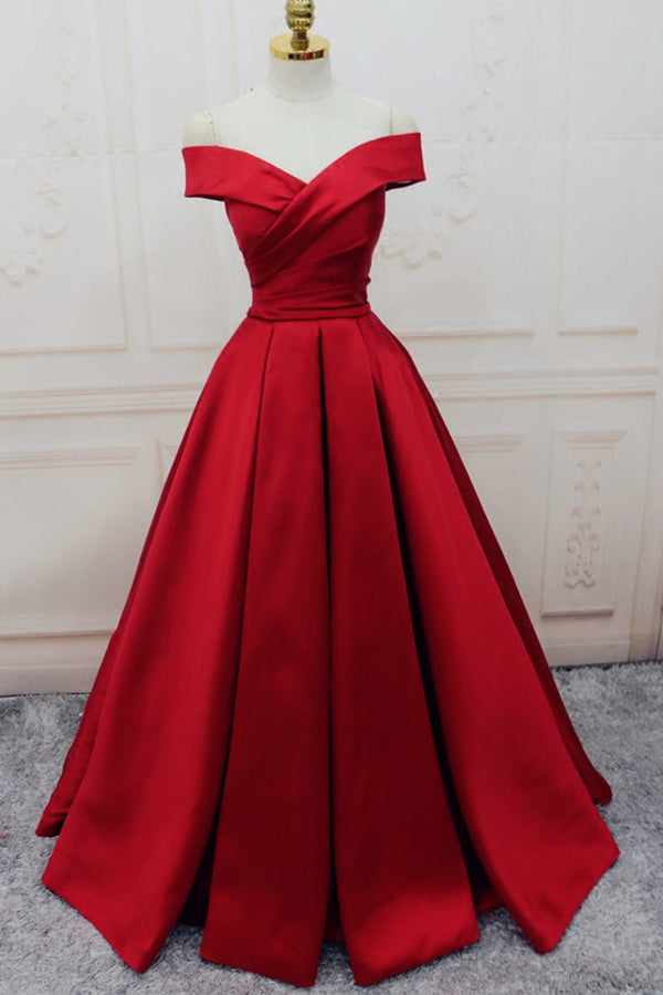 Off-the-shoulder Burgundy Long Satin Prom Dress/Evening Dress