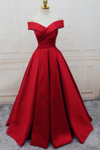 Off-the-shoulder Burgundy Long Satin Prom Dress/Evening Dress