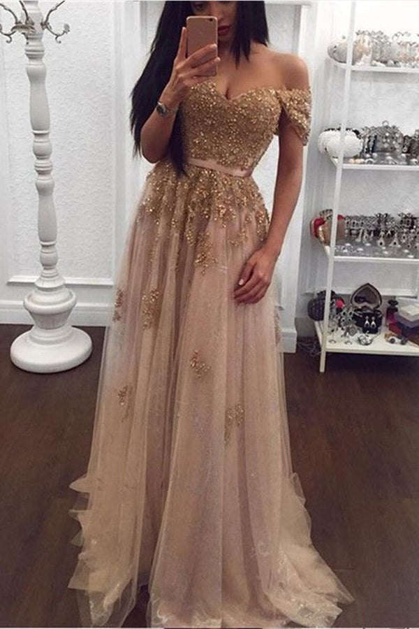 Elegant A-line long prom dresses off-the-shoulder evening dresses