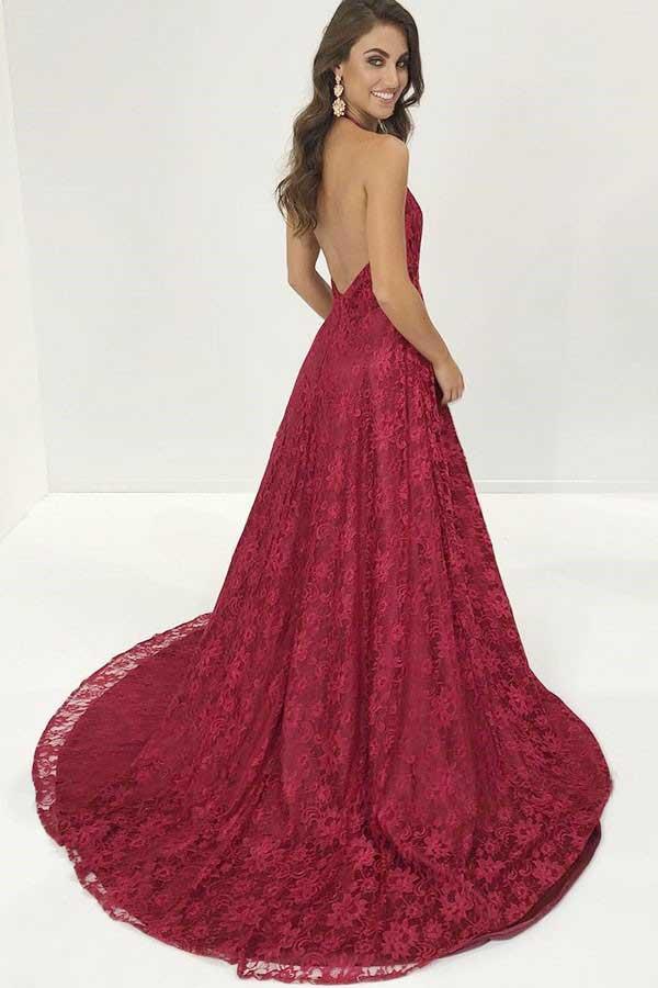 Weinrotes, rückenfreies langes Ballkleid mit V-Ausschnitt, tiefer Spitze und Schleppe
