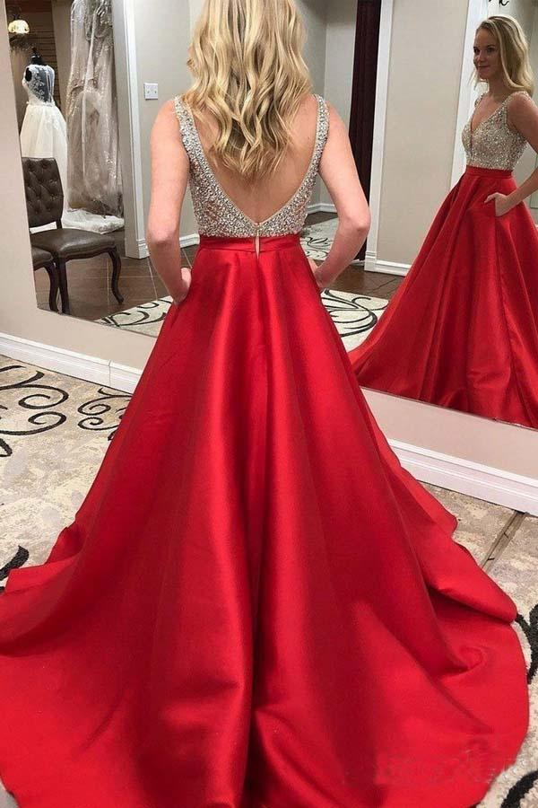 Formal Deep V-Neck Beaded Satin Prom Dresses With Pocket