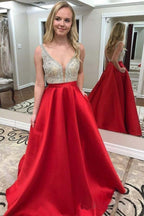 Formal Deep V-Neck Beaded Satin Prom Dresses With Pocket