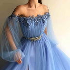 Elegant Off the Shoulder Long Sleeves Beaded Side Slit Prom Dresses