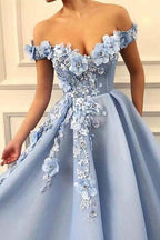 Off Shoulder A-Linie Tüll Spitze Herzförmiger Ausschnitt 3D Blumen Ballkleider
