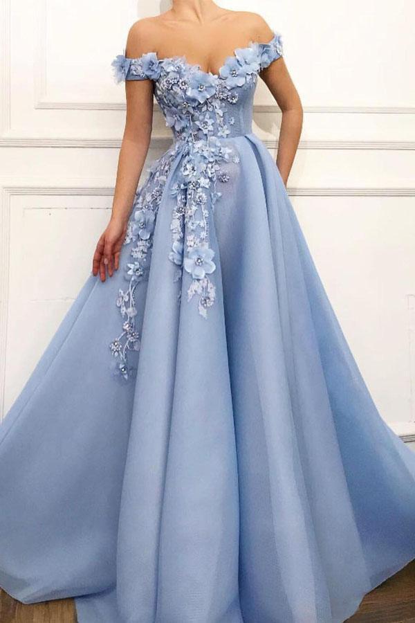 Off the Shoulder A-Line Tulle Lace Sweetheart 3D Flowers Prom Dresses