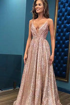 Precioso vestido de noche largo de lentejuelas con cuello en V y tirantes finos