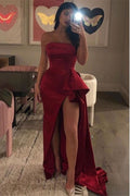 Bateau Sleeveless Ruffle Burgundy Strapless Side-Slit Mermaid Long Prom Dress