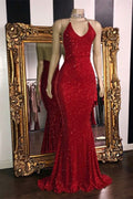 Gorgeous Glitter Sequins Prom Dresses Mermaid Halter Evening Gowns