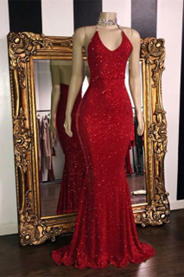 Gorgeous Glitter Sequins Prom Dresses Mermaid Halter Evening Gowns